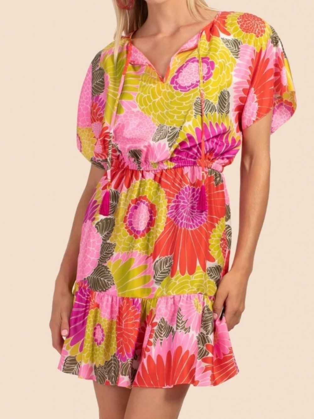 Trina Turk Floral Mahalo Size S Mini Dress in Pink,Yellow & Orange 100% Silk